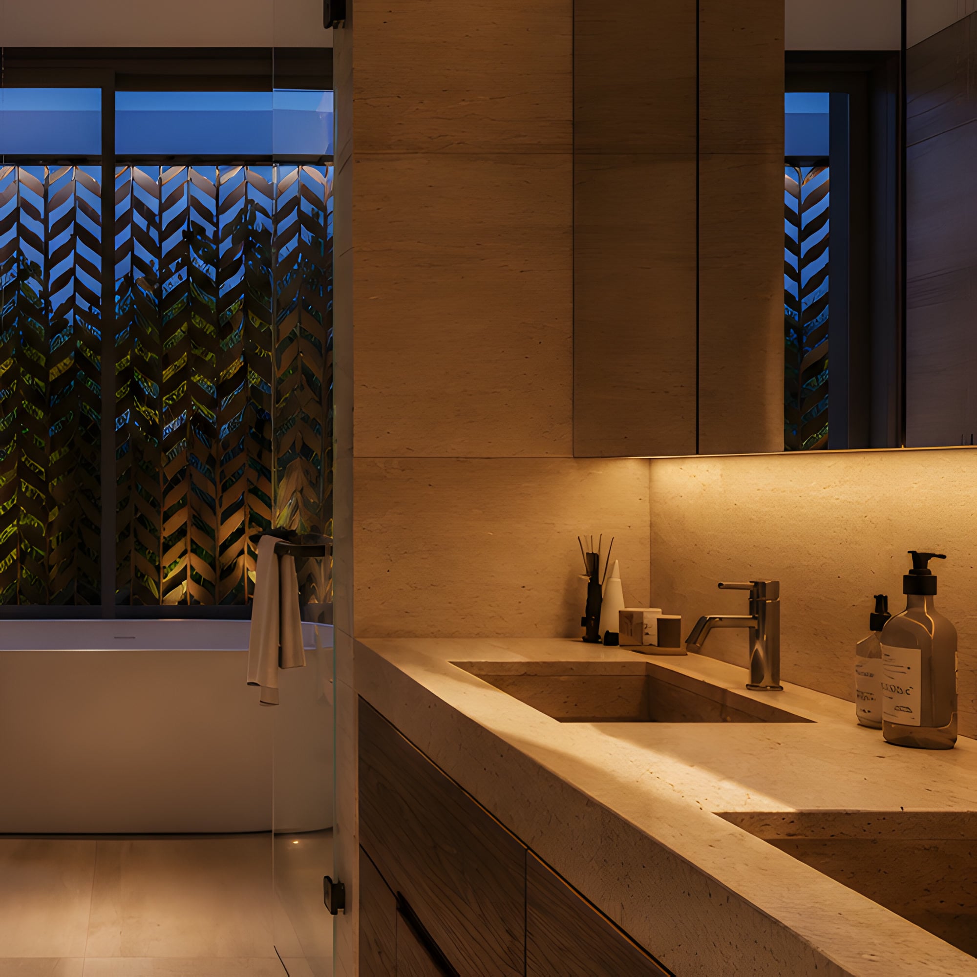 The stone vanity and basin of the master bathroom, the lit screen beyond.