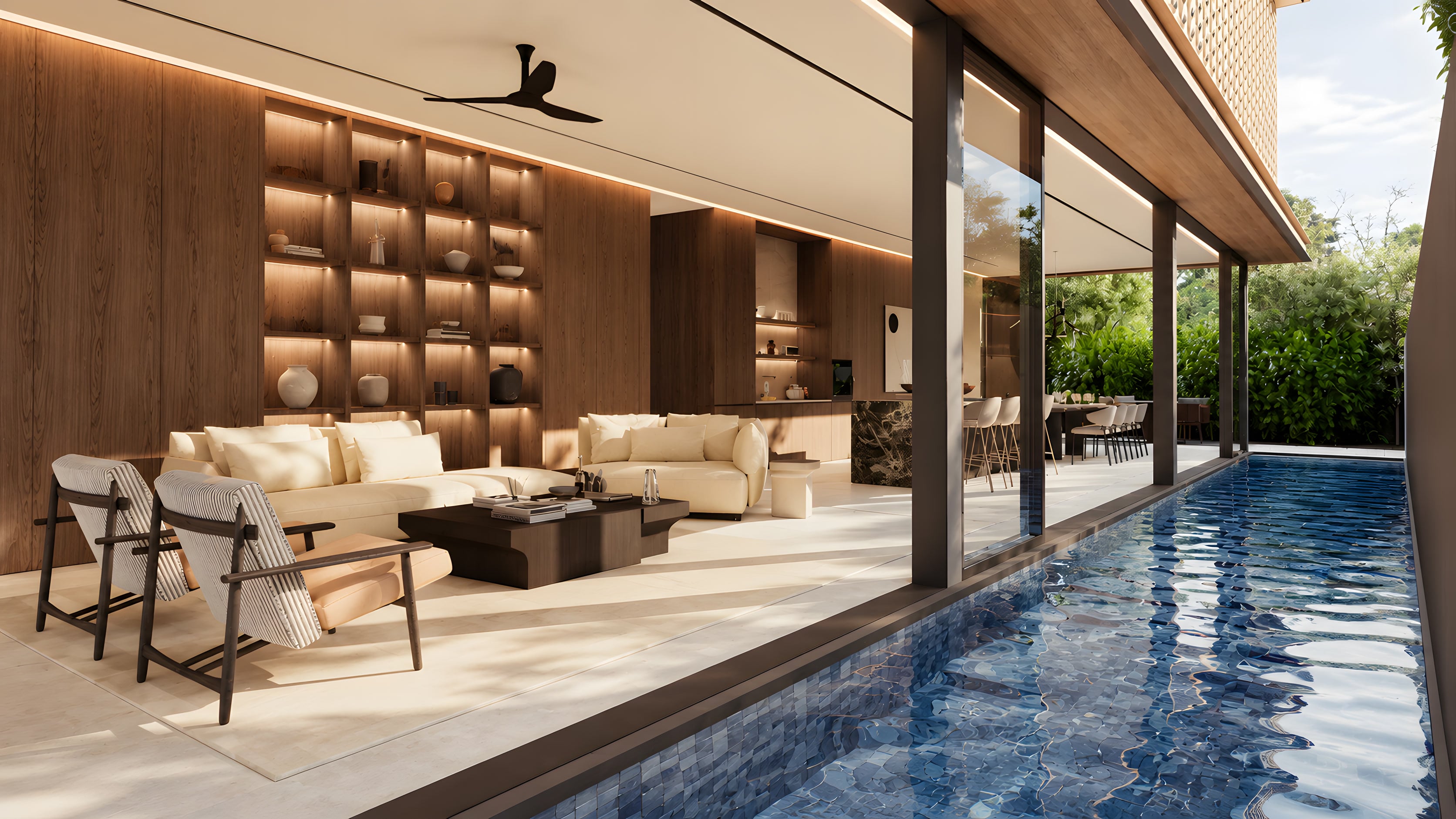 The lap pool alongside the living room.