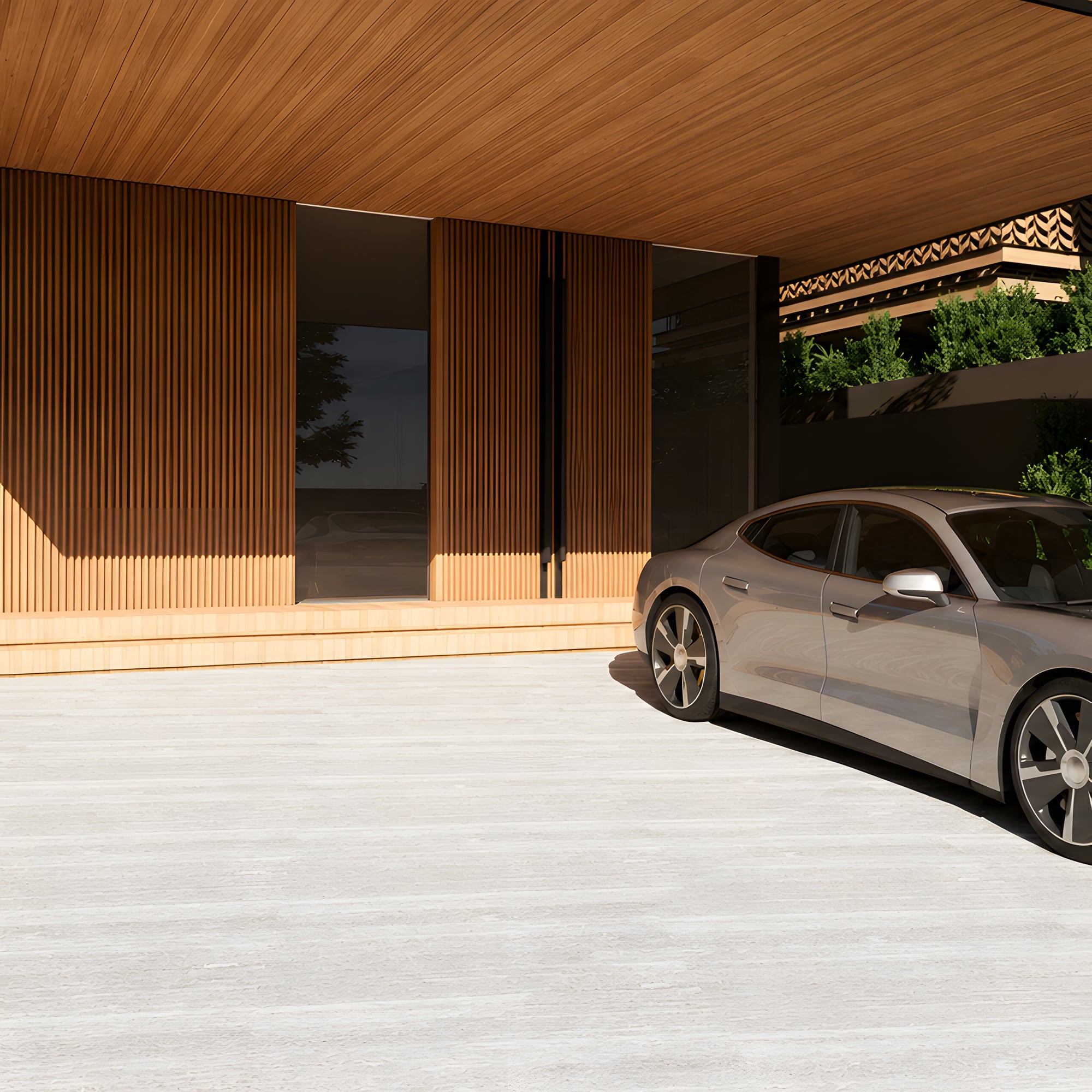 Vertical timber slats of the porch wall beneath the timber soffit, beside the front door.