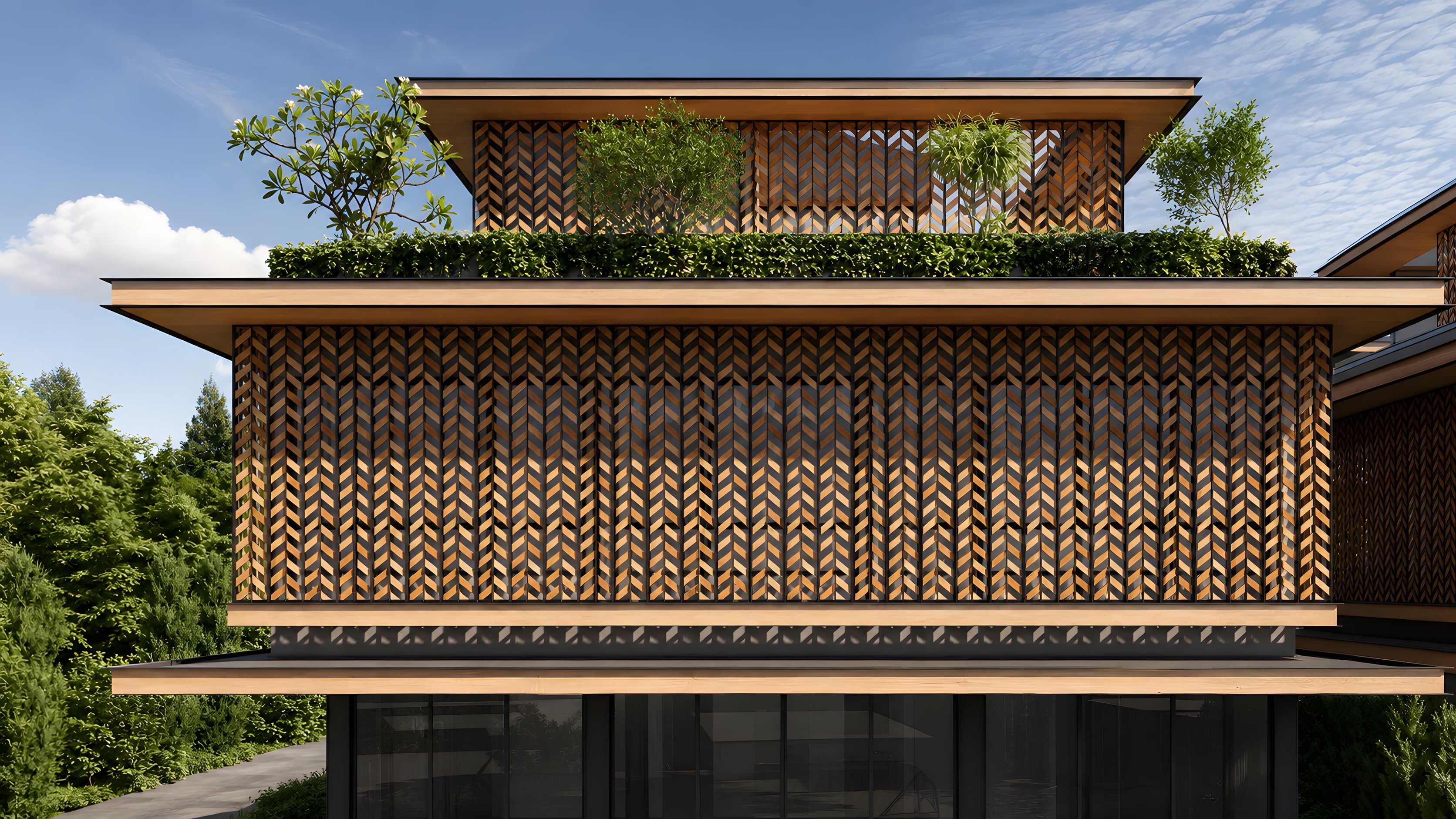 The façade from the road: operable timber louvres in a leaf pattern, closed, planting above and below.