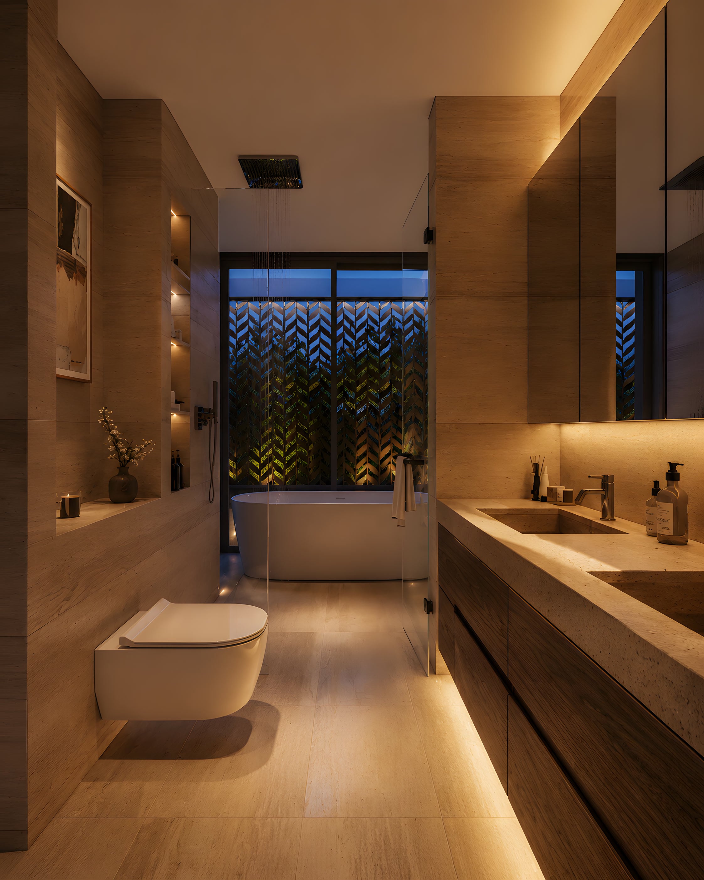 The master bathroom: a freestanding tub before the timber screen, lit from behind.