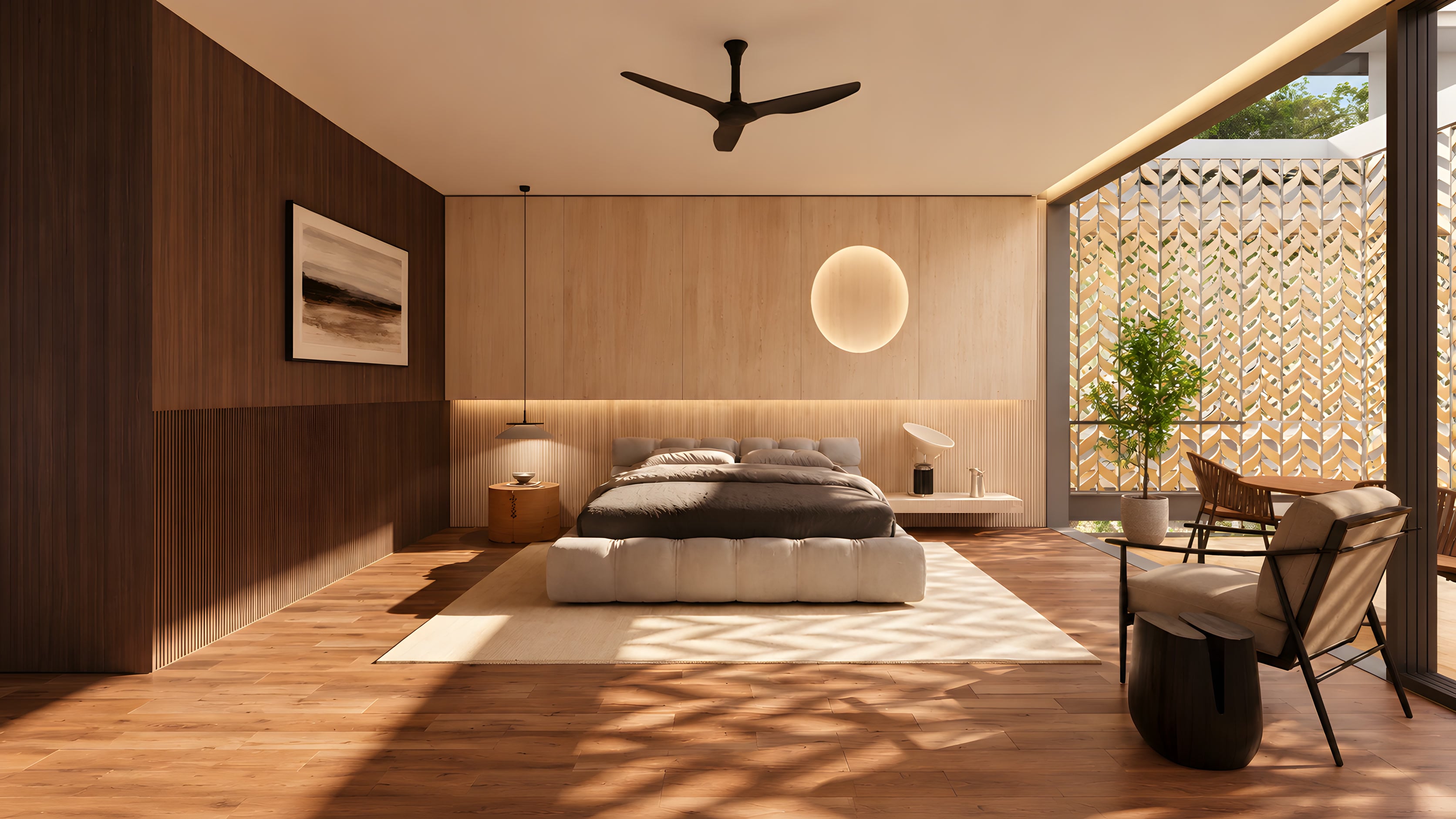 The master bedroom, the screen's pattern cast across the floor.