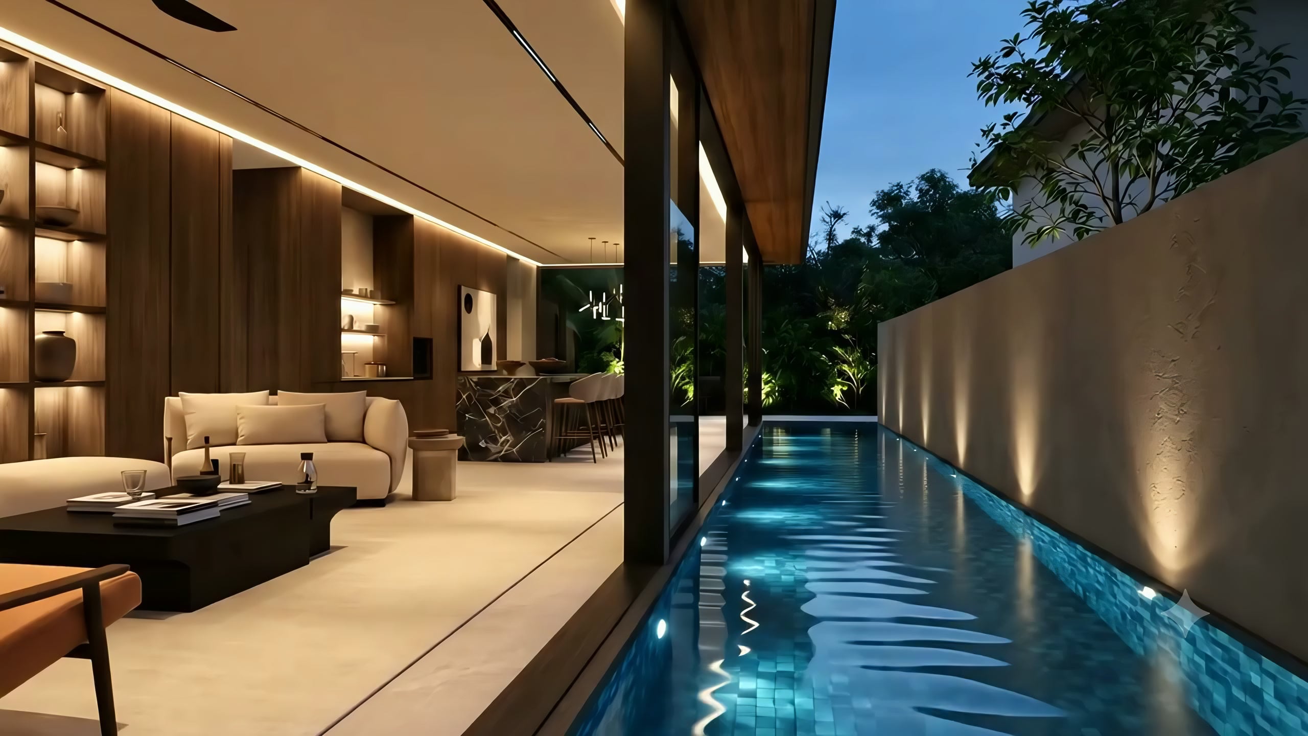 The living room open to the lap pool at dusk, dense planting beyond.