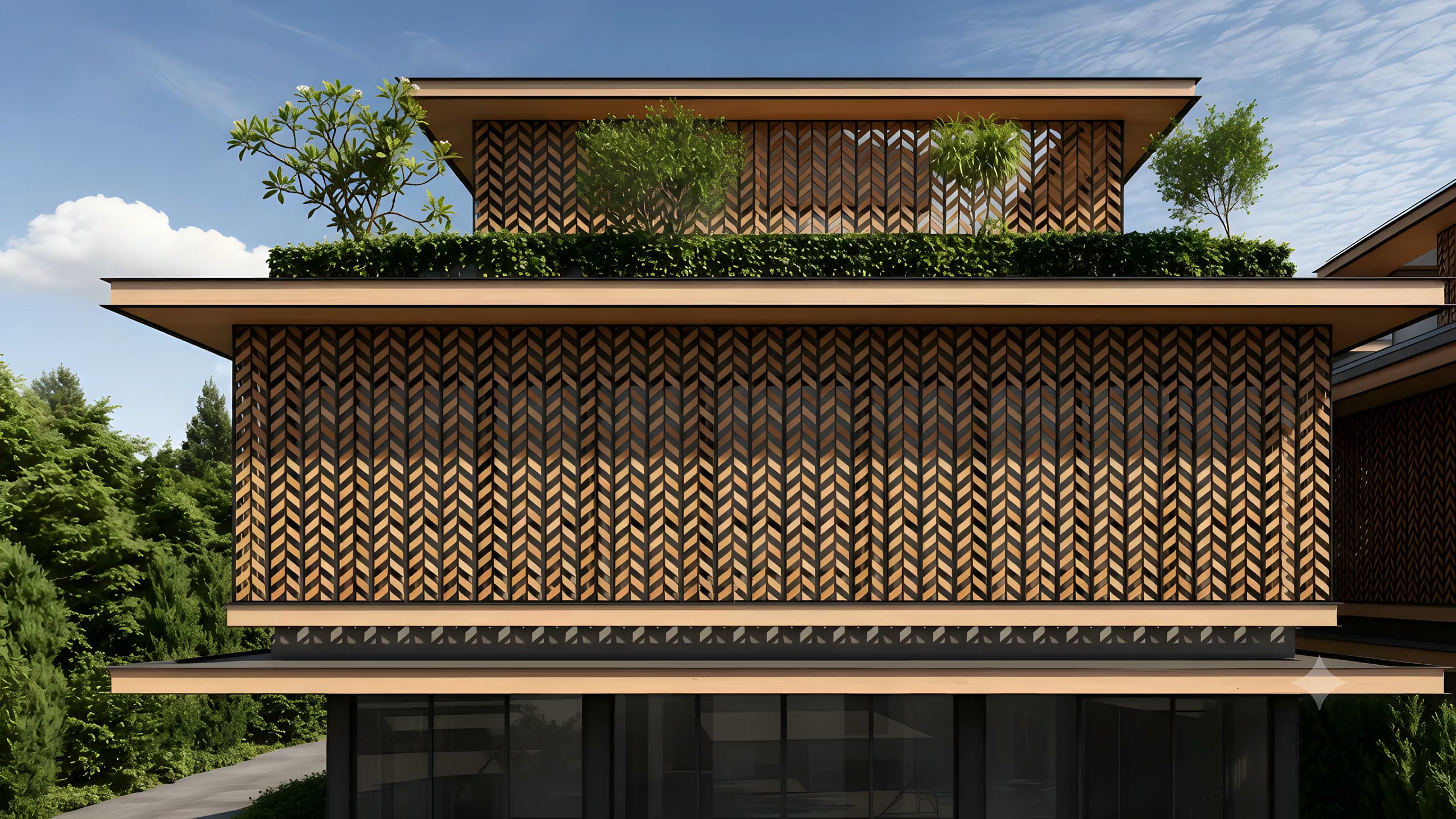 The façade from the road: operable timber louvres in a leaf pattern rotating open.